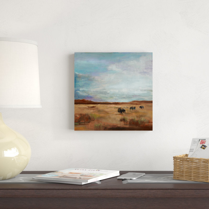 Buffalo sous grand ciel rouge et brun, H 12 po x l 12 po