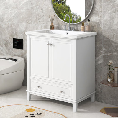 Ensemble de meuble-lavabo 30 po avec lavabo, armoire de salle de bain multifonctionnelle avec portes et tiroir, cadre solide et panneau de fibres à densité moyenne, blanc
