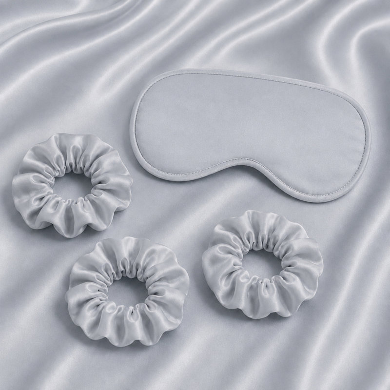 Ensemble 6 pièces de taies d'oreiller et accessoires de literie en satin de soie soyeux, Argent