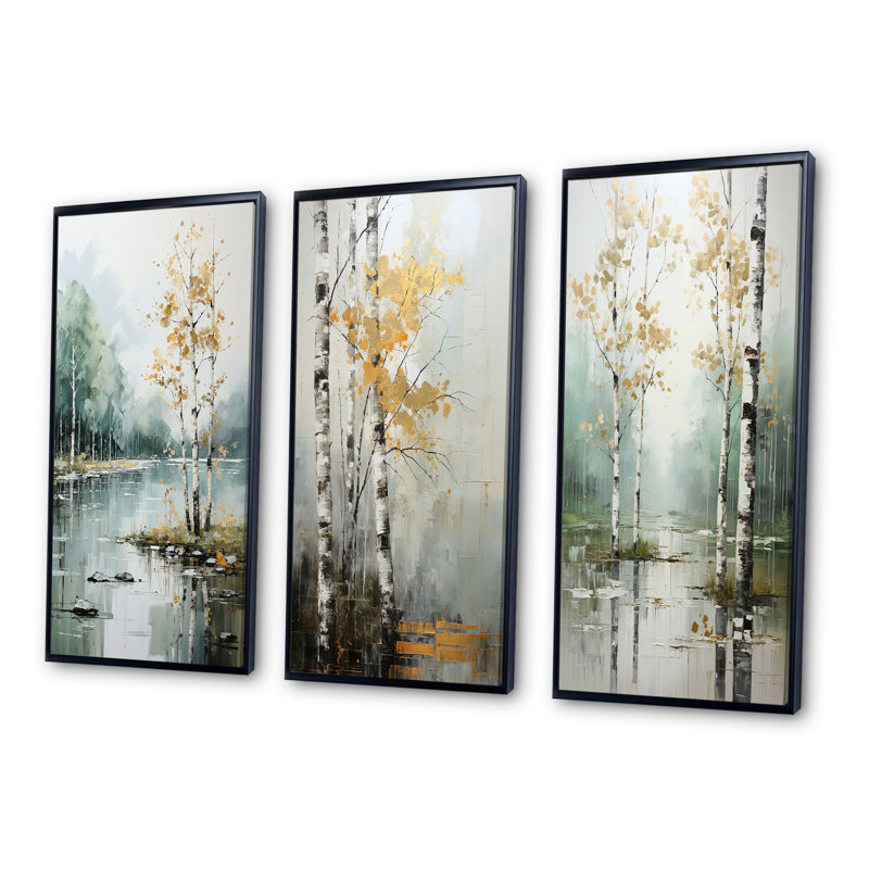 «Birch Woods Ethereal Elegance», 3 pièces, H 20 po x l 36 po, Cadre noir