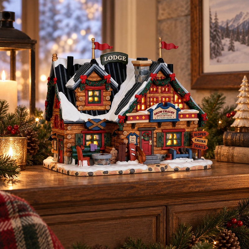 Chalet de ski illuminé en porcelaine pour village de Noël, alimenté par piles ou adaptateur secteur.