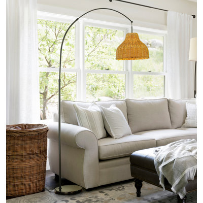 Arisbet 75" 1-Light  Arc Floor Lamp with Brown Rattan Shade and Marble Base