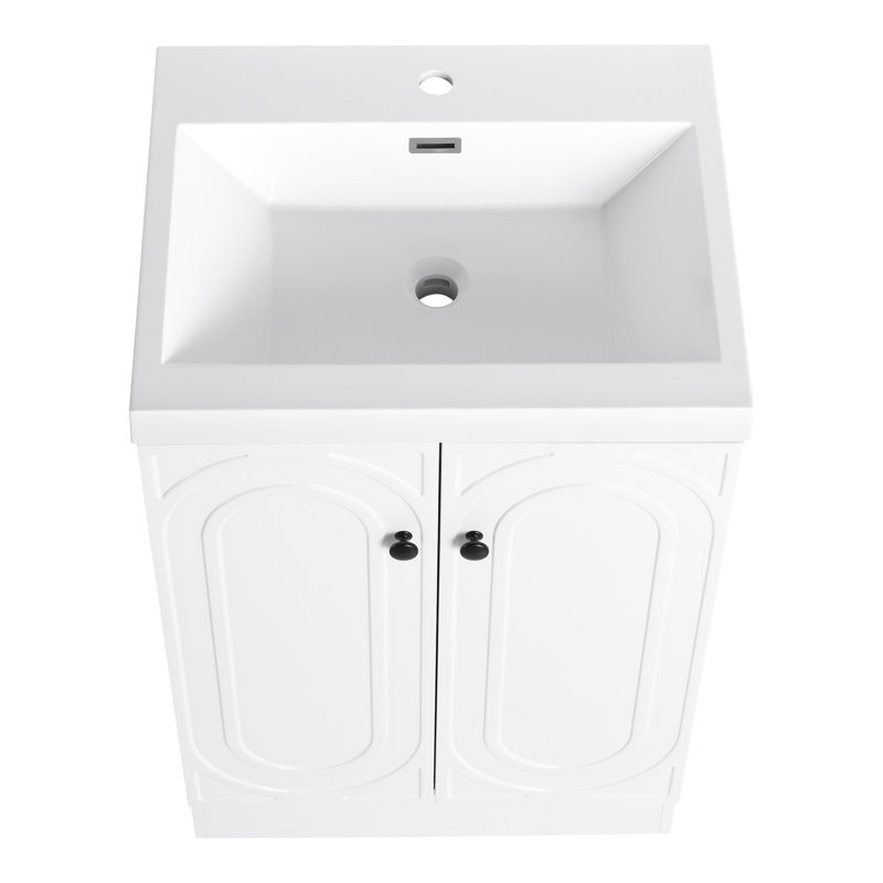 Armoire de salle de bain autoportante 24 po avec lavabo en résine blanche, portes à fermeture douce et poignées en métal - style évier garde-robe moderne