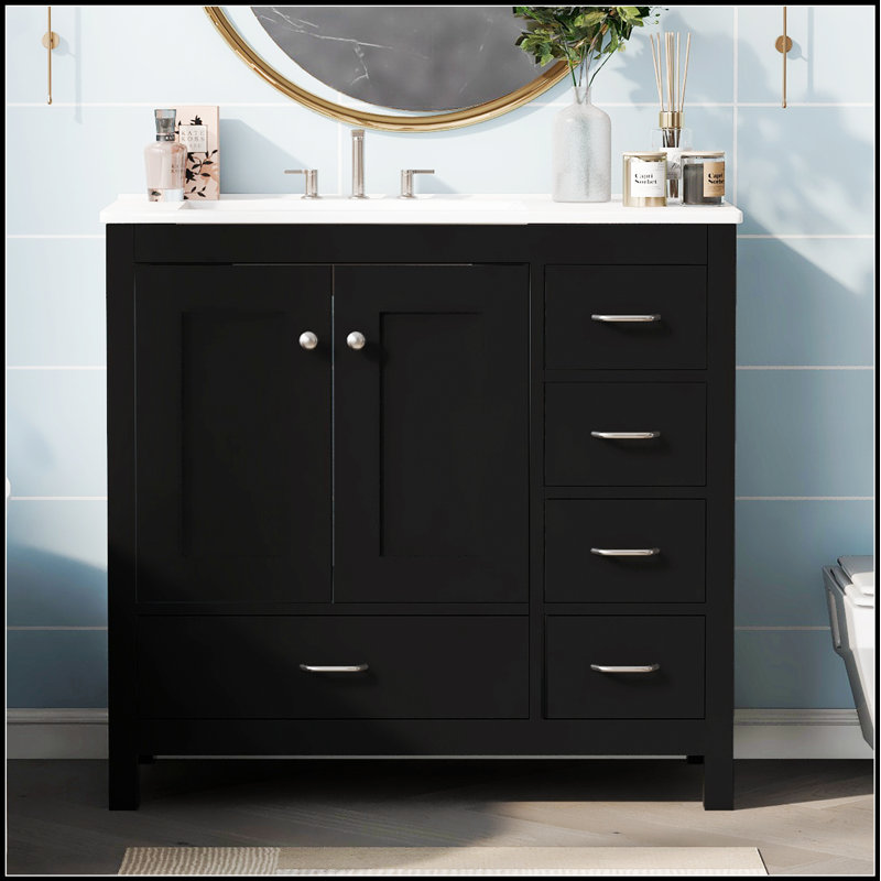 Meuble-lavabo noir 36 po avec lavabo en céramique, rangement spacieux, portes à fermeture en douceur et tiroirs pour une organisation élégante