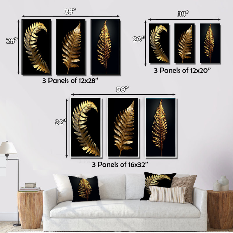 «Golden Fern Leaf On Black I», 3 pièces sur toile, Cadre naturel flottant, H 40 po x l 60 po