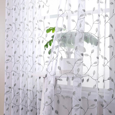 Ensemble de 2 panneaux de rideaux transparents à motif de feuilles de sauge avec passe-tringle pour chambre à coucher et passe-tringle