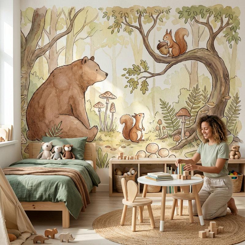 Murale écureuil d'ornement forêt fantaisiste, Peler et coller, L: 112 po x H: 72 po