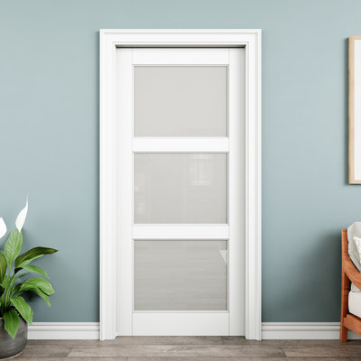 36" x 80" 3-Lite Frosted Glass Interior Pocket Door, Tempered Glass Door Slab with Privacy, Paintable & Waterproof, As Laundry Doors, Closet Doors, Room Doors
