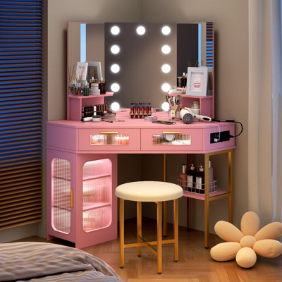 Dressing Table with Motion Sensor 3-colour lighting, Charging Socket, Storage Drawers and Stool