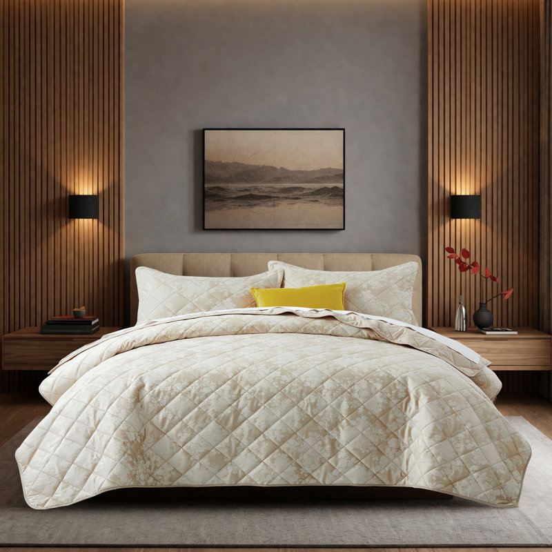 Ensemble de couvre-lit en velours embossé - Ensemble de courtepointe légère avec taies d'oreiller, Beige