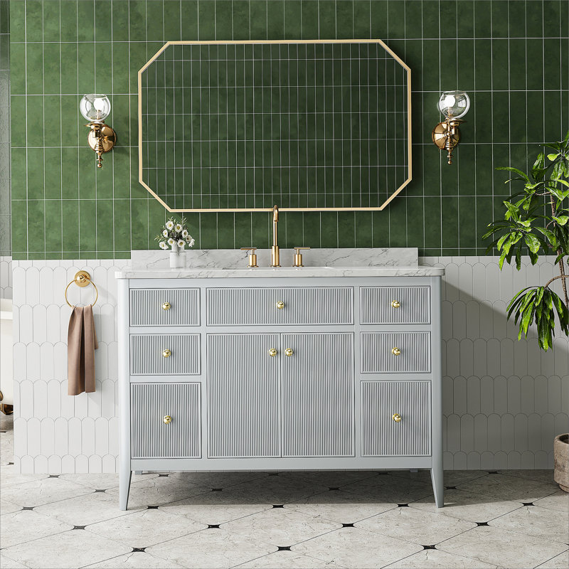 Ensemble de meuble-lavabo autoportant 48 po entièrement assemblé en bois massif avec plateau en marbre d'ingénierie entièrement assemblé