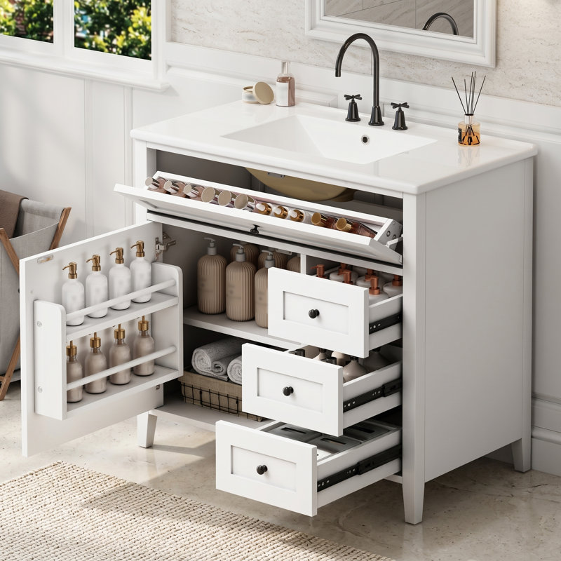 36" Freestanding Bathroom Vanity With Sink, Modern Mdf-Rubberwood Cabinet, Sink Is Included., White