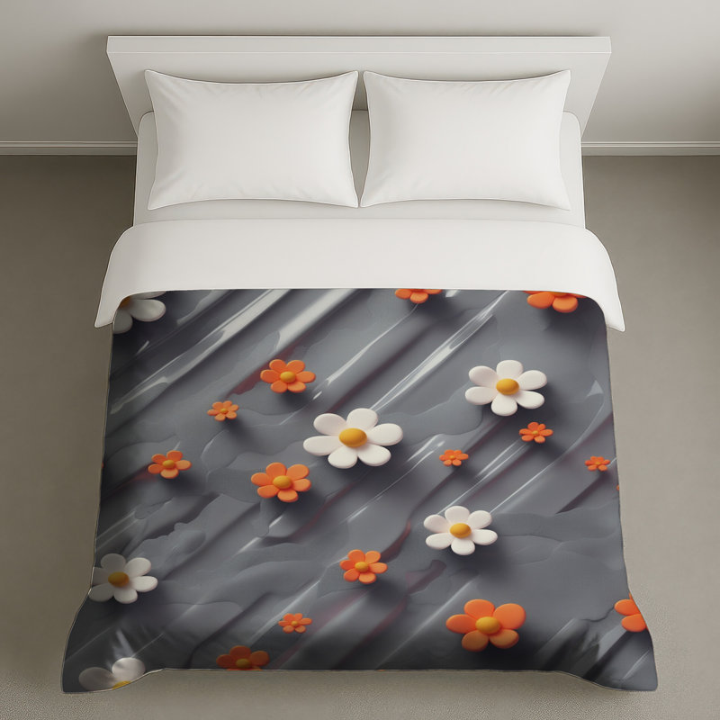 Housses de couette orange, fleurs blanches, Lit simple