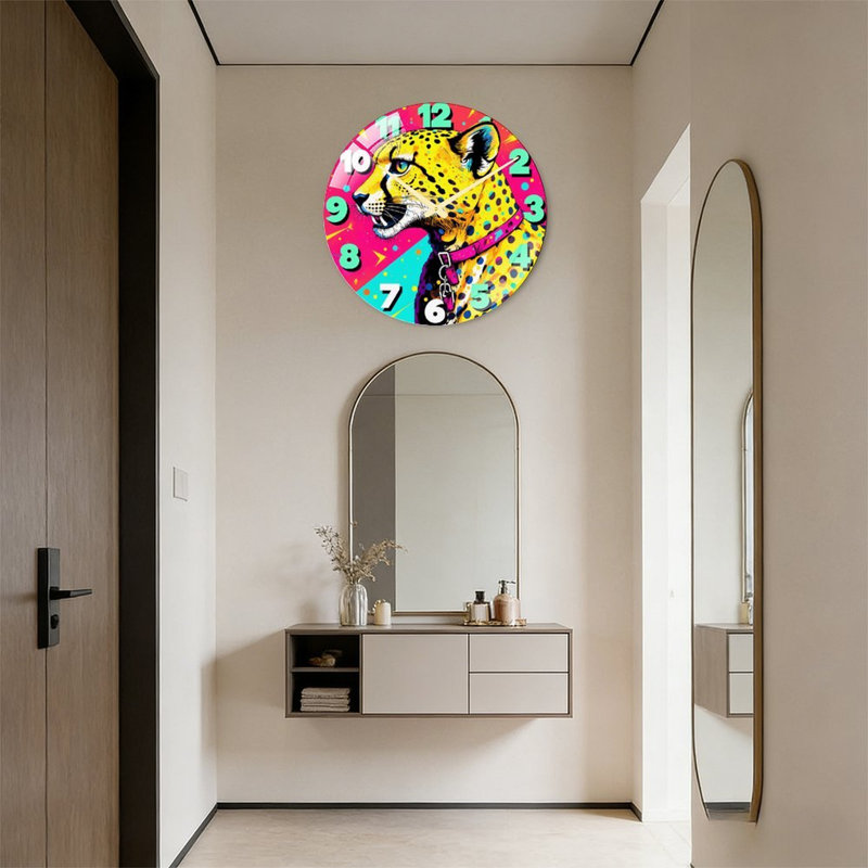 Horloge murale moderne en verre de 61 cm (24 po) avec motif léopard coloré
