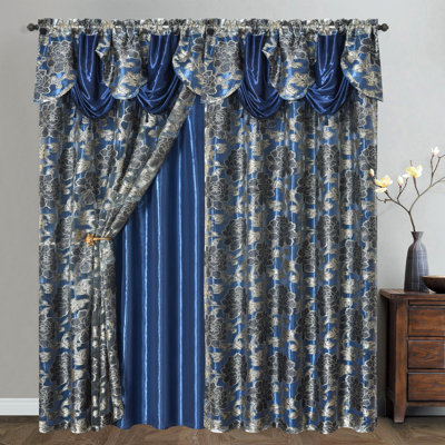 Royal ROSARIUM. Clipped Voile.Farmhouse Jacquard Window Curtain with Attached Fancy Valance and Taffeta Backing. 2pcs Set.Each pc 54 inch Wide x 84 inch Drop + 18 inch Valance. (Nightsky Blue)