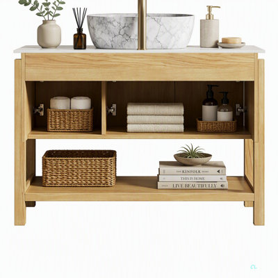 Meuble autonome de 122 cm (48 po) avec 3 portes et tablette ouverte, dessus en pierre frittée, sans lavabo, robinet ni bonde.