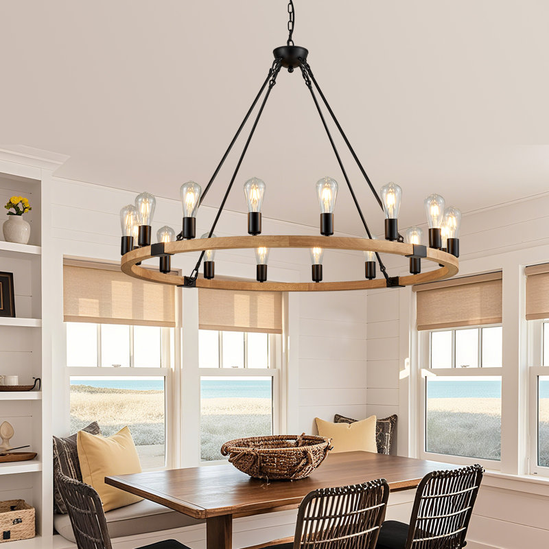 Wagon Wheel Chandelier, 16-light Wood Farmhouse Chandeliers For Dining Room, 43.31'' Industrial Dining Room Light Fixture For Kitchen Island Living Room Foyer, Bulbs Not Included