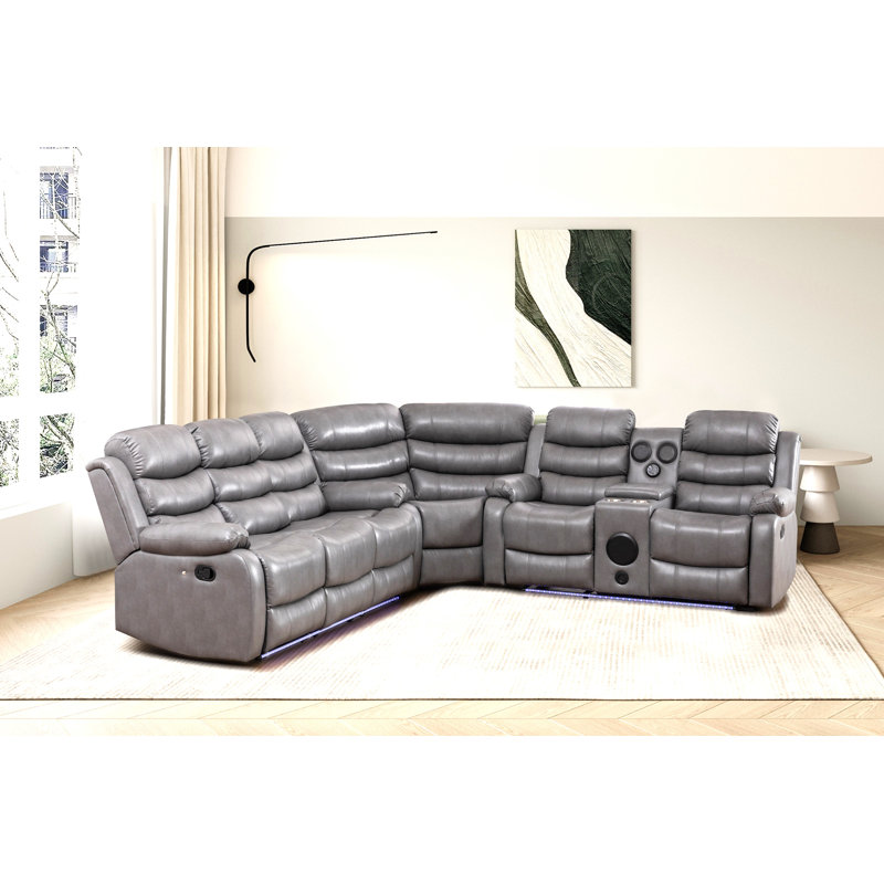 Riyani USB Faux Leather Sectional With LED Lights & Sound Woofer System , Gray Faux Leather