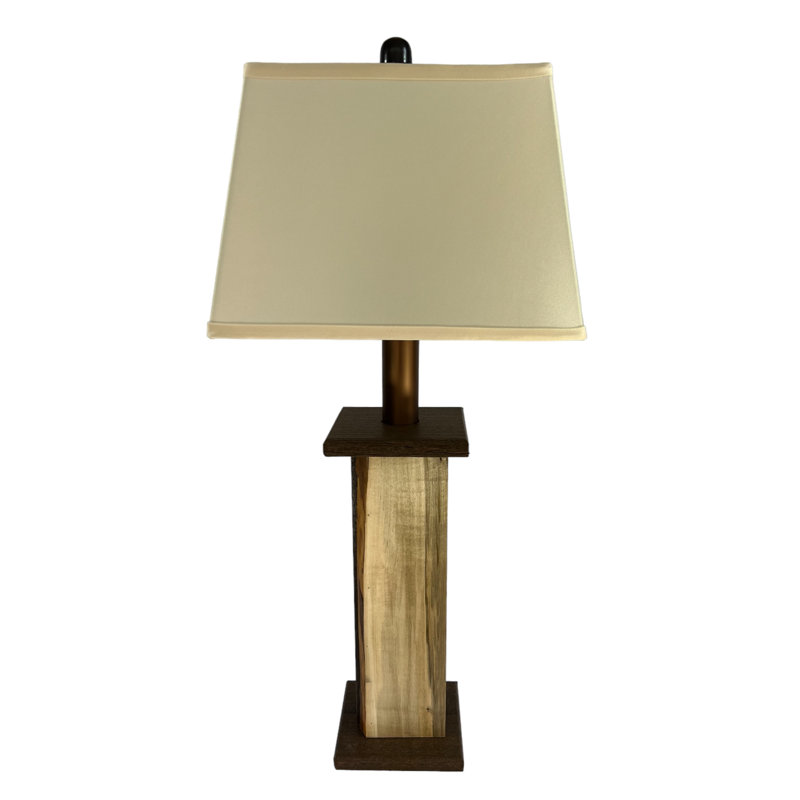 Battery Powered Live Edge Wood Table Lamp. Textured Poly Lumber Core with Live Edge Wood Panels, Black Walnut