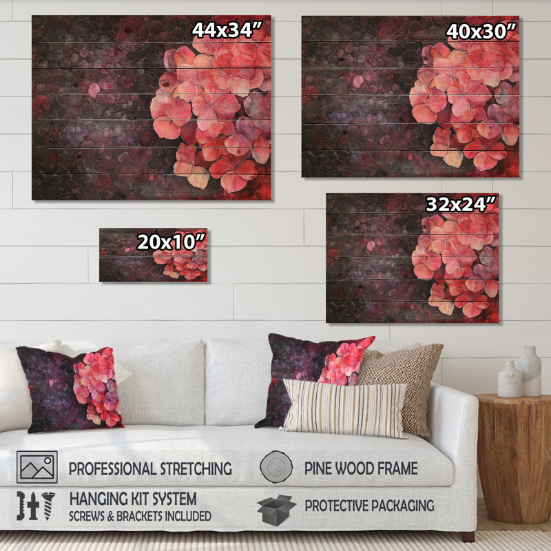Aura fleurie d'hortensia I - Art mural traditionnel en bois sur bois de pin naturel, H 34 po x l 44 po x P 0,78 po