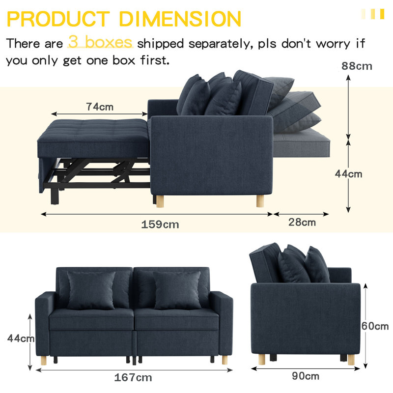 Borchert 2 Seater Fabric Sofa Bed, Blue Linen