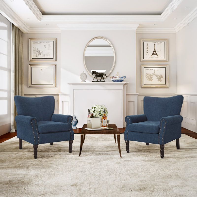 Ameera Upholstered Armchair with Nailhead Trim, Dark Blue