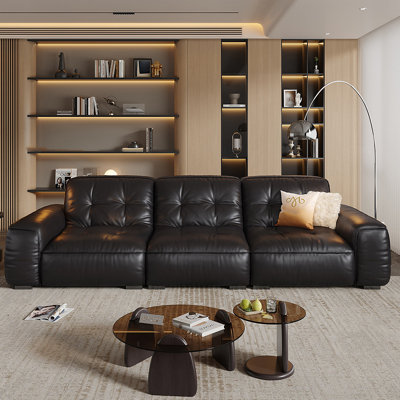 Black Genuine Leather Modular Sofa cushion Fourseat