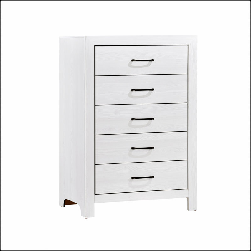 Commode de rangement blanche à 5 tiroirs avec quincaillerie noire, aucun assemblage requis, parfaite pour les chambres à coucher modernes et la vie organisée.