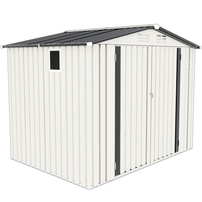 Metal Tool Storage Shed, 8X6 Ft, Pitched Roof, Waterproof, One Window, Two Lockable Doors, White + Gray, With Thoughtful Design Details Shed For Garden, Ideal Garden And Sports Equipment