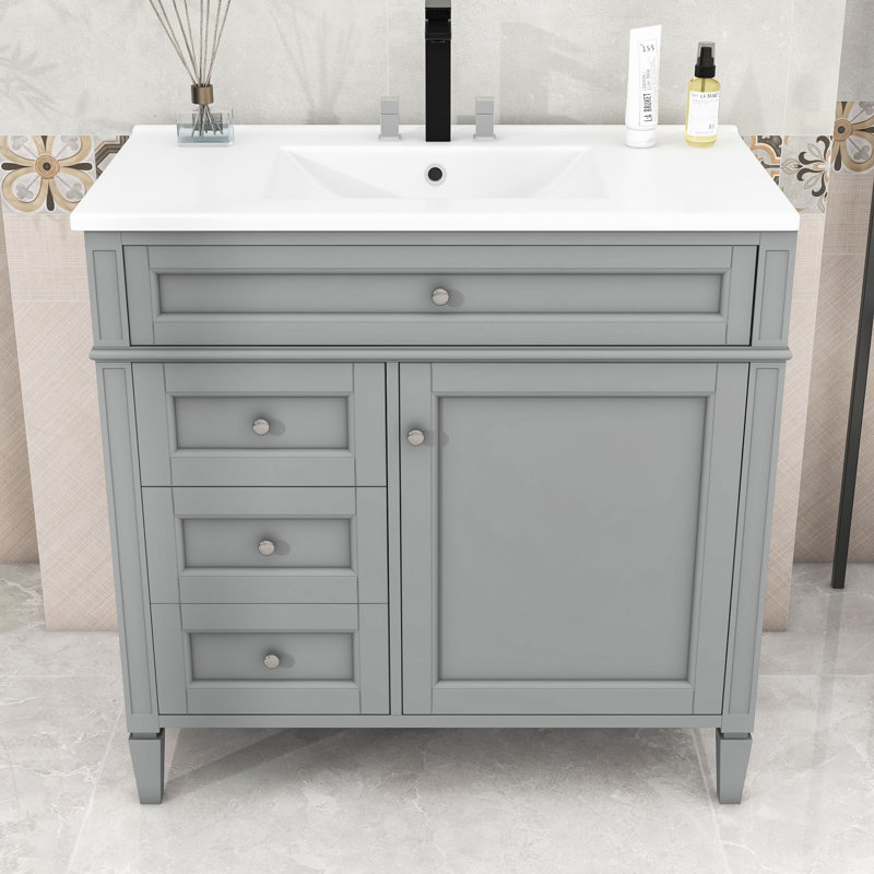 Serish Wood 2 Drawers Bathroom Vanity Cabinet with Top Sink, Gray