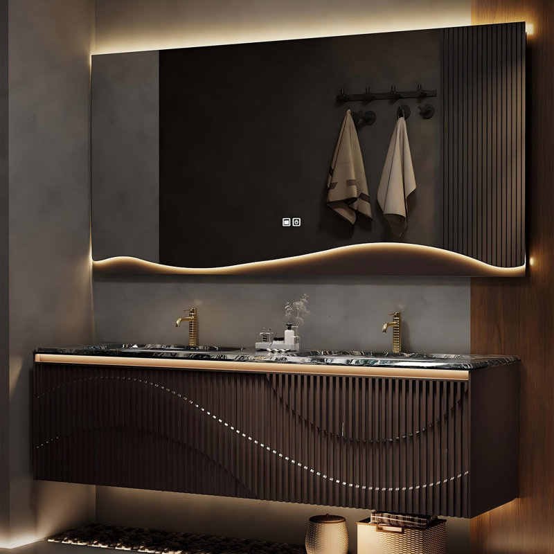 Meuble-lavabo double 55,12 po en bois massif brun avec miroir Mmart, 60"