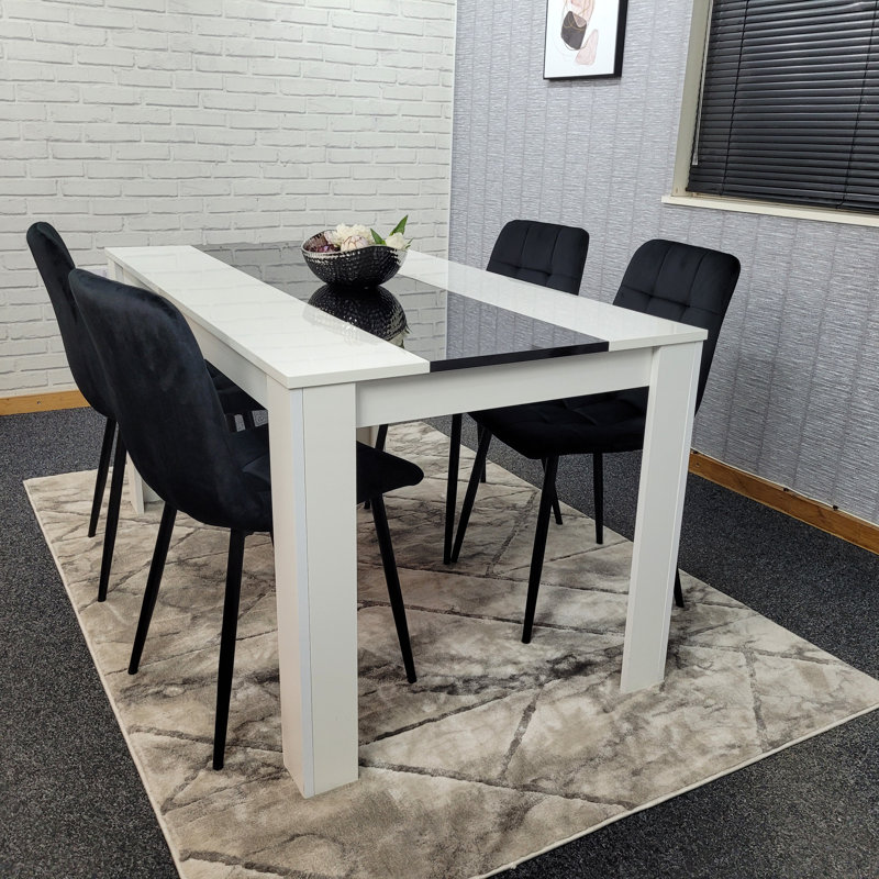 Dining Table Wooden White And Black Table Tufted Velvet Grey Or Black Chairs Set, Black