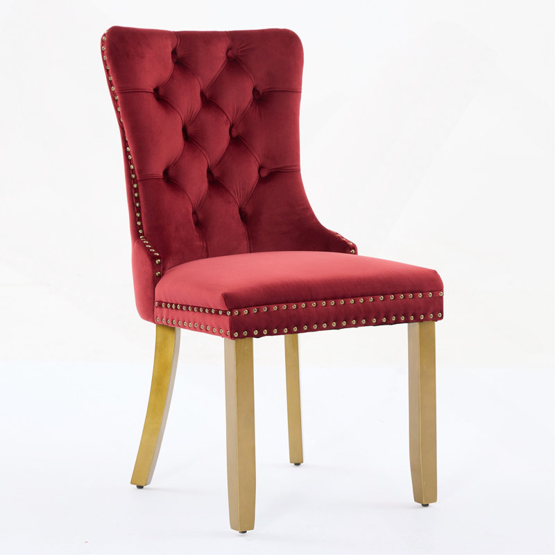 Mid-Century Modern Velvet Dining Chair Set of 2, Wine Red Tufted Chair with Lion Head Pull Ring, Nailhead Trim & Golden Wooden Legs