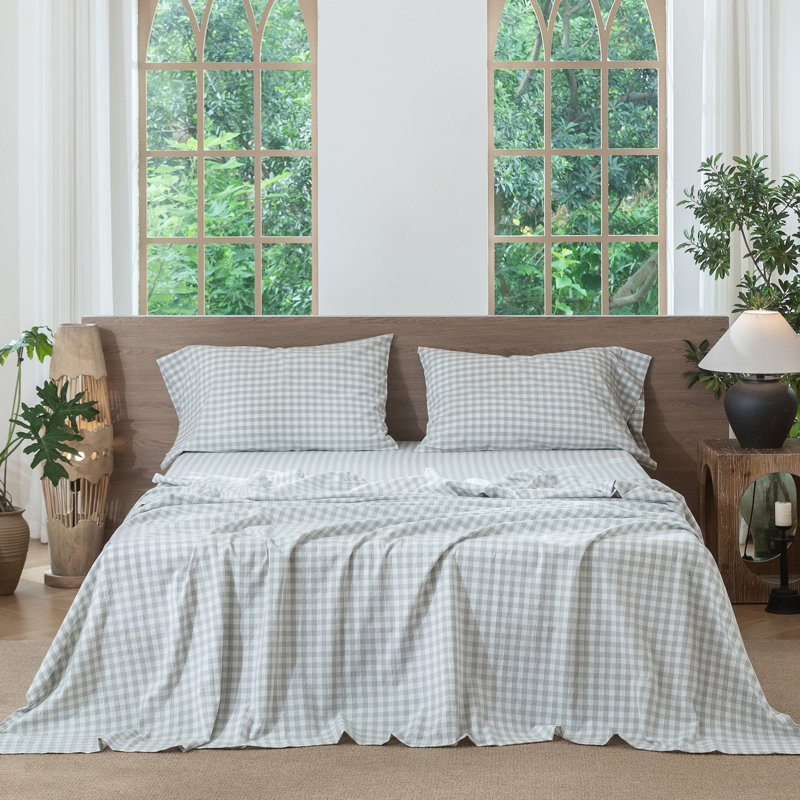 Ensemble de draps 100% coton lavé MooMee, Ensemble de draps pour grand lit avec 2 taies d'or, Gris gouttelette nordique