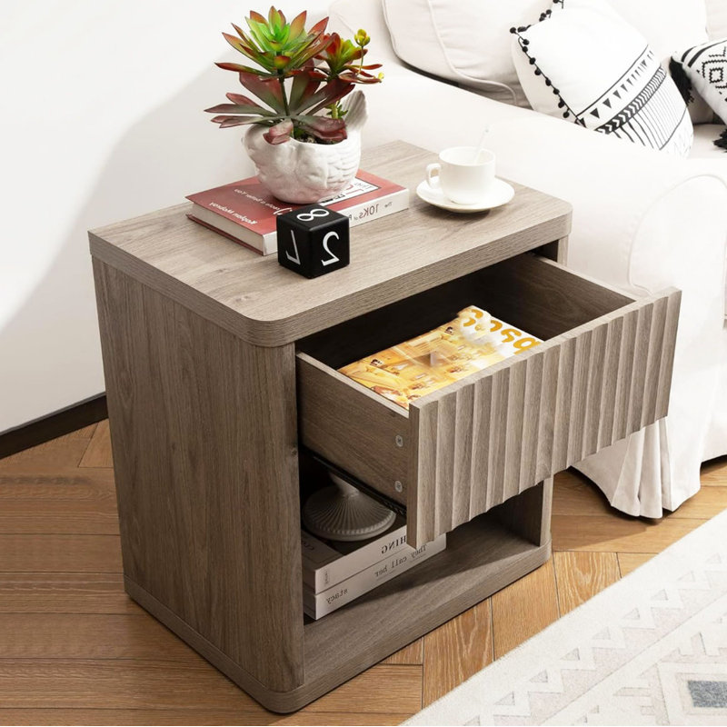 Fluted bedside table with drawer storage, Grey