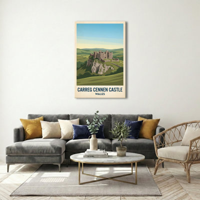 Carreg Cennen Castle, Wales - Cliff-top Romance And Ruined Majesty (Vintage Travel Poster). Giclee Print On Wrapped Canvas. Wall Art, Home Decor - Castles & Palaces, Wales - Wrapped Canvas Print