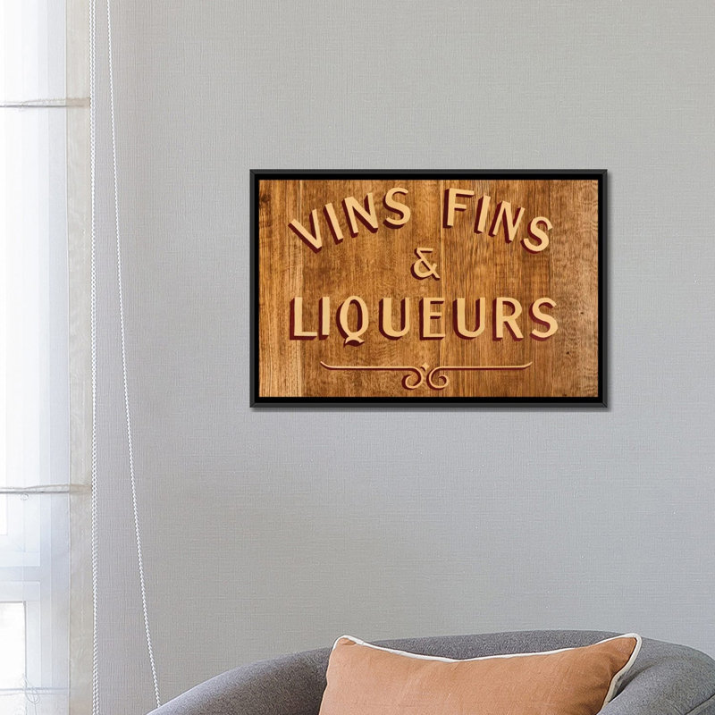 Vins Fins and Liqueurs Textual Art on Wrapped Canvas, 18" H x 26" W x 1.5" D, Black Framed Canvas, No Matte