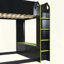 Lit mezzanine en bois avec bureau réglable en hauteur, tiroirs, compartiments de rangement, tringle et lumières RVB-128966676