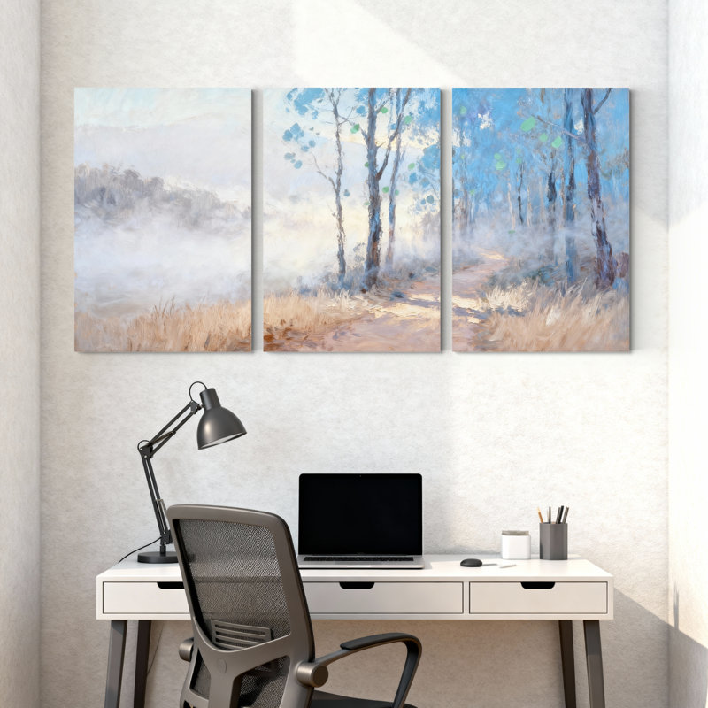 Ensemble de 3 impressions sur toile, "Winter forest Misty Forest Path with Tall Trees", H 18 po x l 36 po