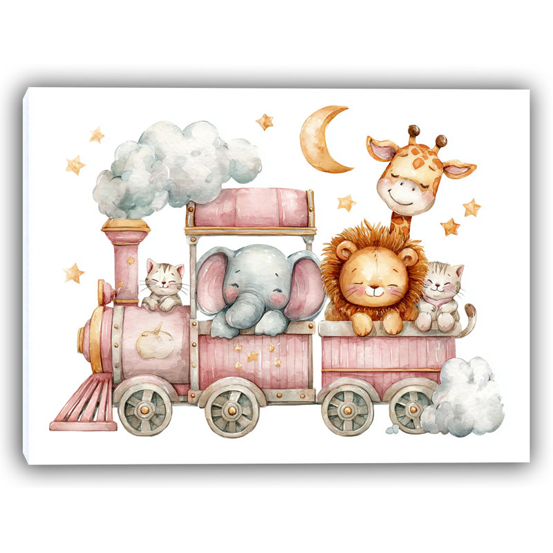 «Whimsical Train with Animals», art mural sur toile tendue, H 24 po x l 36 po
