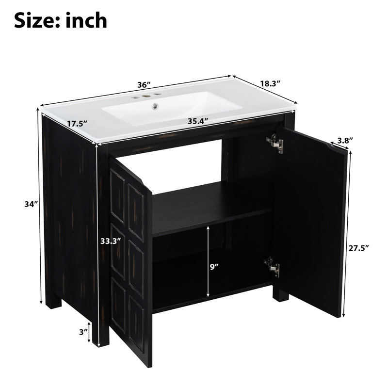 Meuble-lavabo de 36 pouces avec lavabo, conception rétro, fonction en bois massif et fermeture en douceur, organisateur de poignées cachées, armoire rétro en céramique, charnières, dissimulé