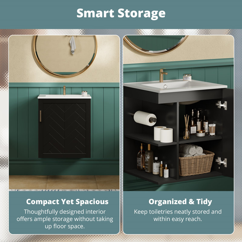 20"W Wall-Mounted Single Vanity with Ceramic Sink Top, Soft-Close Hinges and Side Storage, Black