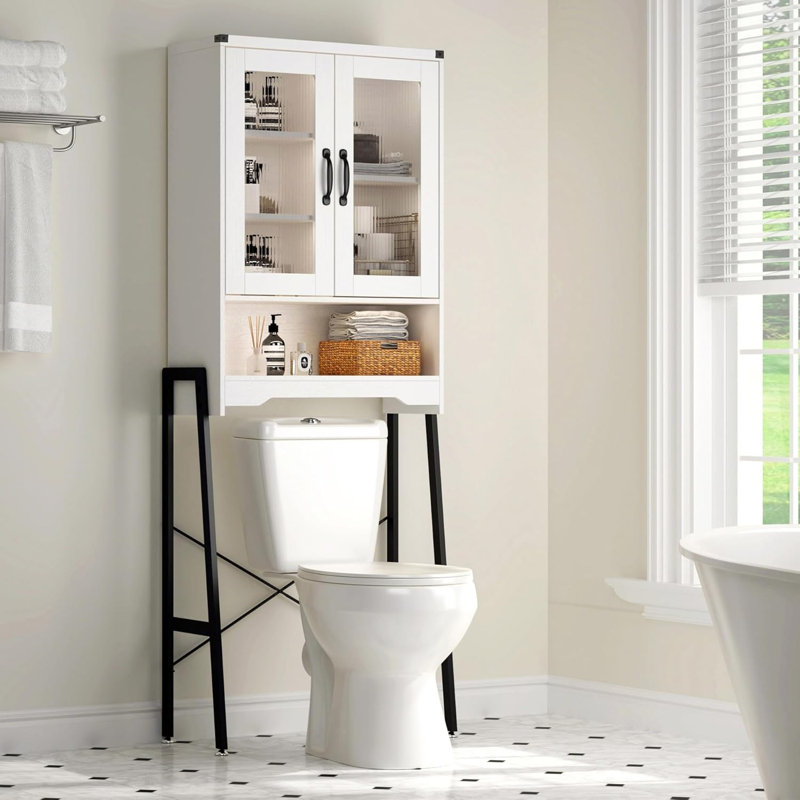 Over The Toilet Storage Cabinet With Tempered Glass Doors & Metal Stand, White