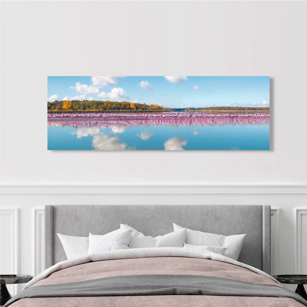 Flamingos Reflektion, Camargue, Frankreich (Detail) von Pangea Images - Panorama-Kunstdrucke auf Leinwand