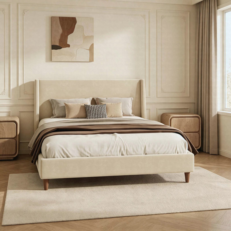 Lit plateforme tapissier moderne avec tête de lit à oreilles et pieds en bois de noyer, avec sommier tapissier Modern, Beige