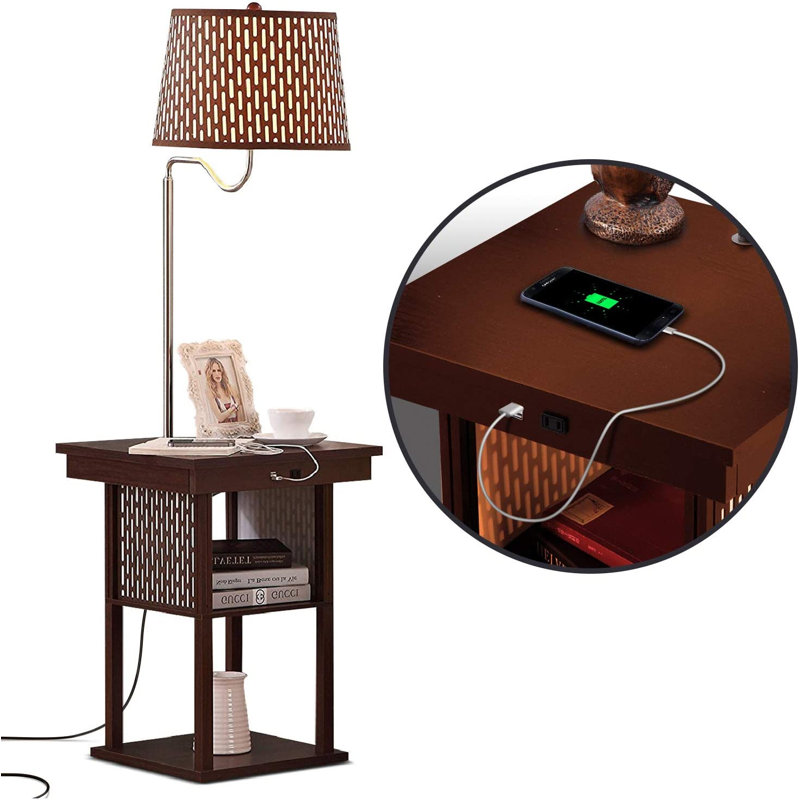 Madison 56 in. Modern LED Bedside Table Lamp with Fabric Drum Shade and Wireless Charging Pad, Brown