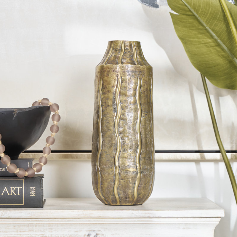 Mokhtar Metal Snakeskin Inspired Decorative Brass Vase with Dimensional Wavy Accents, Medium
