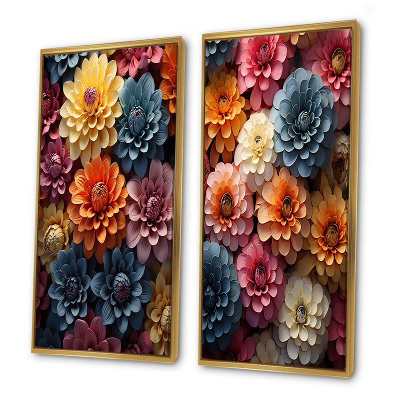 Multicolore Zinnias Mixed Collage - ensemble d'art mural sur toile Zinnias, Encadrement doré, H 28 po x l 25 po