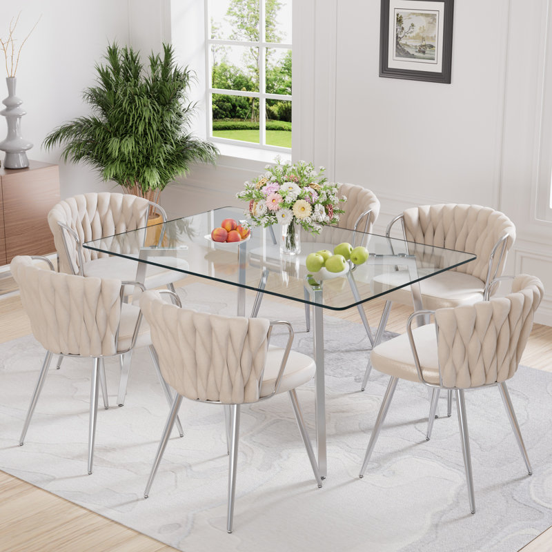 51in Rectangle Glass Top Dining Set, Beige, 7