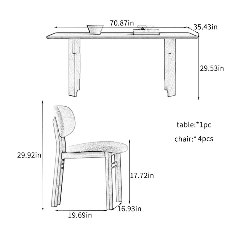 Mid-Century Style Rock Slab Dining Table Sets., 29.53”H x 35.43”L x 70.87”W
